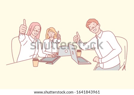 Business team, coworking, success concept. Young business man and women show like sign sitting at work place. Happy coworkers did great teamwork and satisfied with successful project. Simple vector Royalty-Free Stock Photo #1641843961