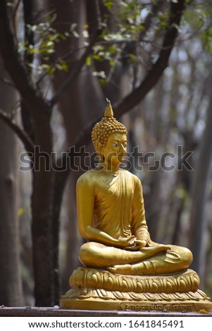 Nagasaki, Japan- a sitting golden buddha statue in meditation.