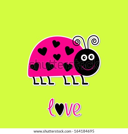 Cute cartoon pink lady bug with dots in shape of heart. Green background. Love card. Vector illustration.