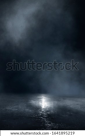 Wet asphalt, reflection of neon lights, a searchlight, smoke. Abstract light in a dark empty street with smoke, smog. Dark background scene of empty street, night view, night city. Royalty-Free Stock Photo #1641895219