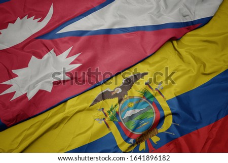 waving colorful flag of ecuador and national flag of nepal. macro
