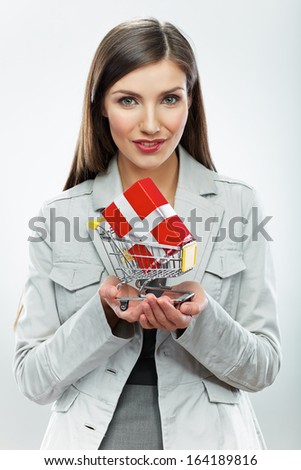 Business woman. Selling concept. White background isolated.