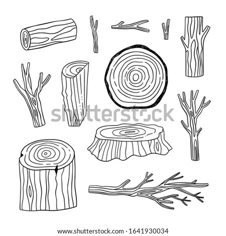 Tree trunks with tree rings and vector illustration set. Wooden elements, tree branches hand drawn collection