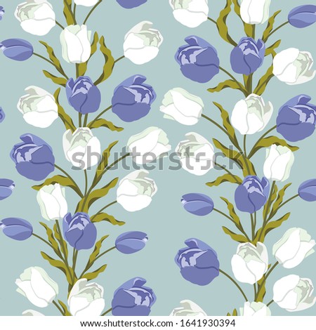 Seamless vector illustration with blue and white tulips. Vertical. For decorating textiles, packaging, wallpaper.