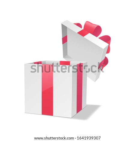 The white open gift box with red ribbons is isolated on a white background. The vector illustration for many different holidays and events.