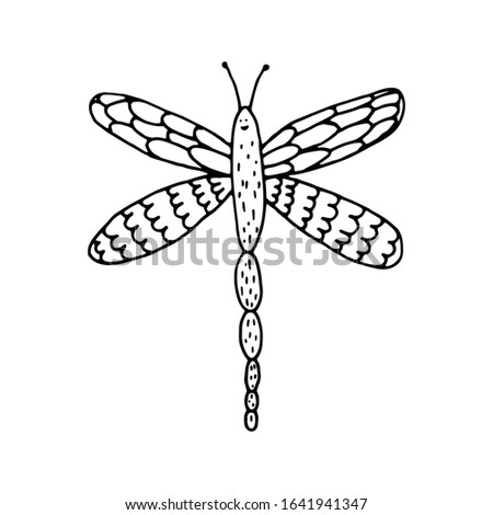 Cute cartoon insect smiling dragonfly design element. Сoncept nature, wildlife. Hand drawn vector illustration in doodle style outline drawing isolated on white background.