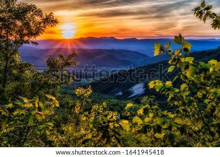 Spring sunset along the Blue Ridge Parkway, Virginia, USA Royalty-Free Stock Photo #1641945418