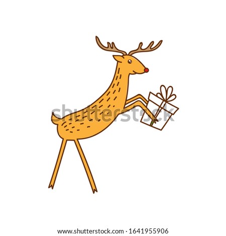 Vector Cute Deer Handling Gifts, Happy Brown Reindeer with Present Box Vector Illustration Isolated on White Background, Winter Holidays Christmas Clip Art