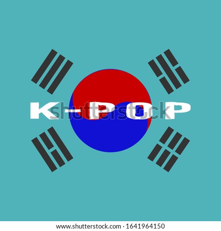 K-pop logo with National flag of South Korea. Korean pop music. Banner, poster, greeting card,  logo, t-shirt, sticker, tag, bag print. Vector illustration.