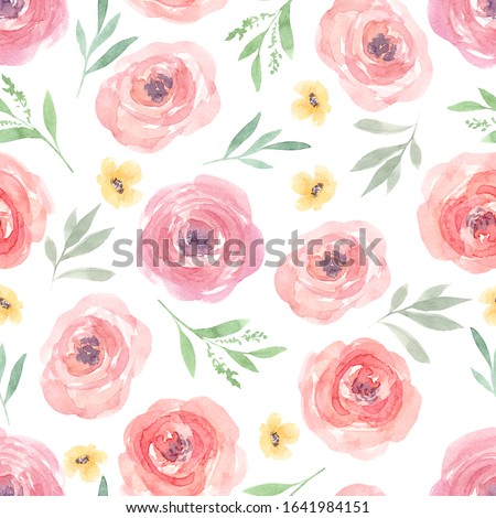 Spring flowers seamless pattern.Pink rose, cherry,red tulip and grass bouquet on white background.Mother day,easter gift digital clip art.Wedding,engagement watercolor illustration