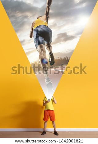First runner. Young caucasian man with smartphone, serfing, opening world with his gadget isolated on yellow background. Concept of modern technologies, millennials, social media, dreaming, sport.