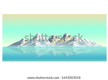 realistic illustration of snow mountain landscape with shadow on sea