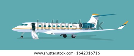 Business jet with an open passenger door and a ramp isolated. Vector flat style illustration.