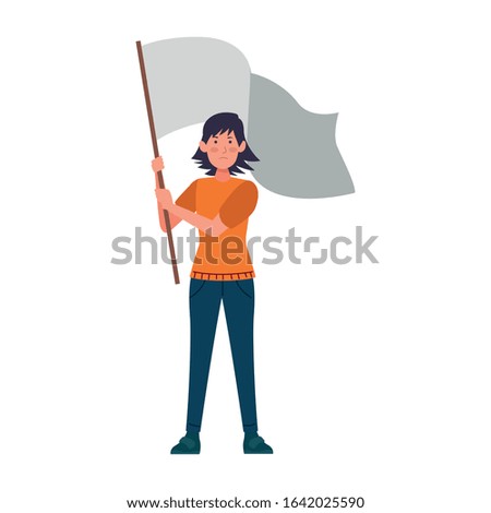 woman standing holding a white flag over white background, colorful design, vector illustration