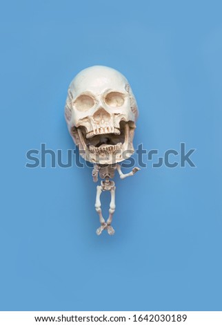 strange decorative skeleton with big head and small body on blue background. creative minimal concept. symbol of Halloween, horror, surreal. flat lay. copy space