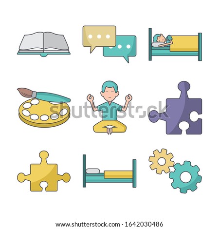 icon set of relaxing and arts skills concept over white background, colorful design, vector illustration