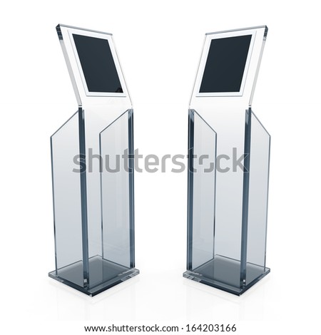 3d transparent stand display with monitor touch screen for data information in isolated background with clipping paths, work paths included