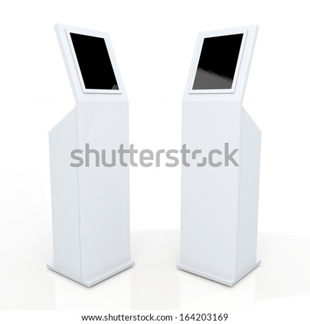 3d white stand display with monitor touch screen for data information in isolated background with clipping paths, work paths included