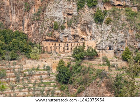 Bsharri, Lebanon - a Unesco World Heritage Site, the Kadisha Valley runs for 35 km, carved by the Kadisha river. Here in the picture the Old Mar Licha Monastery