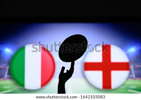 Italy vs England, Six nations Rugby match, Rugby ball in hand silhouette