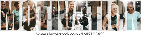 Collage of a smiling fit woman lifting weights and relaxing with friends after working out at the gym with an overlay of the word motivation