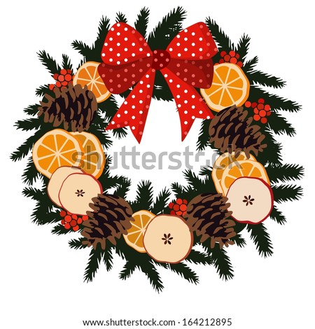 Traditional christmas wreath with fruit - orange, apple slices, pine cones, berries on evergreen and ribbon, decoration, isolated vector illustration