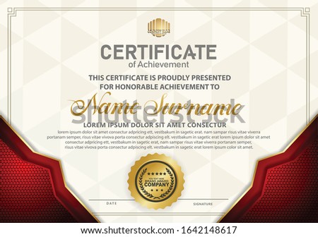 Dark red modern certificate template with gold line and  halftone effect ornament on texture pattern background, 