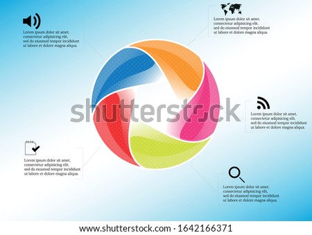 Infographic illustration vector template with motif of circle divided to five color parts. Each section is joined with sign and sample text. Background is light blue.