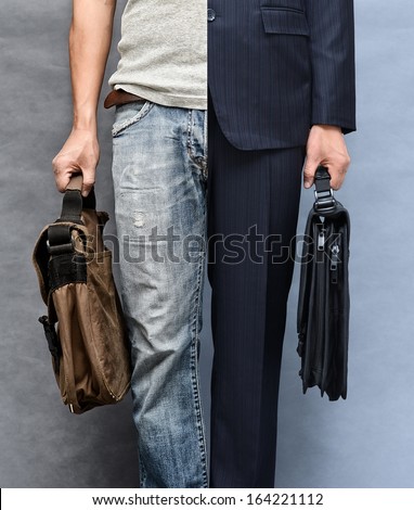Casual and formal look (closeup upper, lower garment and case) Royalty-Free Stock Photo #164221112