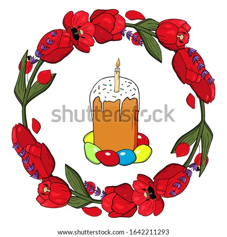 Rounded red tulips with lavander garland with Easter cake and eggs in the middle. Red tulips seamless brush. Elements for designing invitation cards for Happy Easter