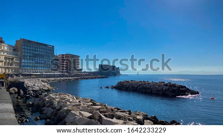 Gulf of Naples with Vesuvius Crater seen from Naples in Caracciolo Street Royalty-Free Stock Photo #1642233229
