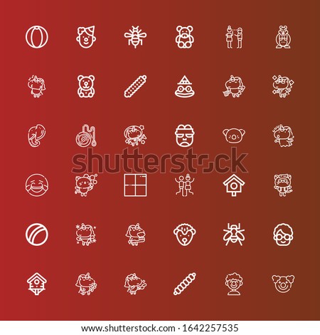 Editable 36 funny icons for web and mobile. Set of funny included icons line Clown, Caterpillar, Unicorn, Bird house, Grandmother, Bee, Hedgehog, Beach ball, Kitty, Joy on red