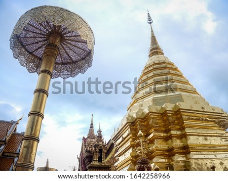 Picture of beautiful golden pagoda, Phrathat doi suthep, famous landmark for vacation and for praying, Chaingmai, Thailand