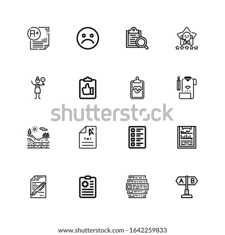 Editable 16 survey icons for web and mobile. Set of survey included icons line Test, Feedback, Clipboard, Exam, Geology, Review, Crossing, Satisfaction, Unhappy on white background