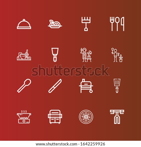 Editable 16 fork icons for web and mobile. Set of fork included icons line Handlebar, Vegan food, Grill, Cooking, Spatula, Knife, Spoon, Gardener, Cutlery, Rake, Spaghetti on red