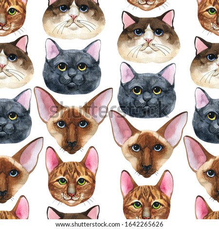 Watercolor seamless cute pattern of cat portrait. Hand drawn illustration isolated on white background. Perfect for nursery prints, stickers, greeting cards.  Pet illustration.