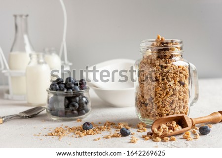 Ready breakfast granola, muesli with a fresh ripe blueberry and milk .Close-up, useful product, background	