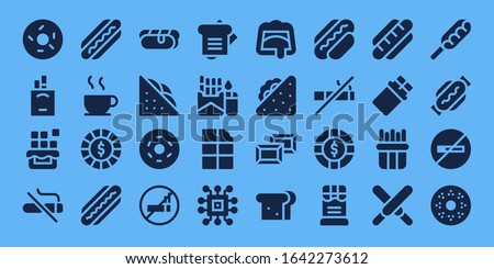 unhealthy icon set. 32 filled unhealthy icons. on blue background style Simple modern icons such as: Doughnut, Cigarettes, Chocolate, No smoking, Hot dog, Chip, Sandwich, Cigarette