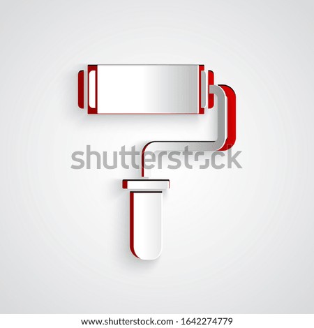Paper cut Paint roller brush icon isolated on grey background. Paper art style. Vector Illustration