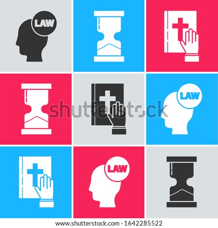 Set Head with law, Old hourglass and Oath on the Holy Bible icon. Vector