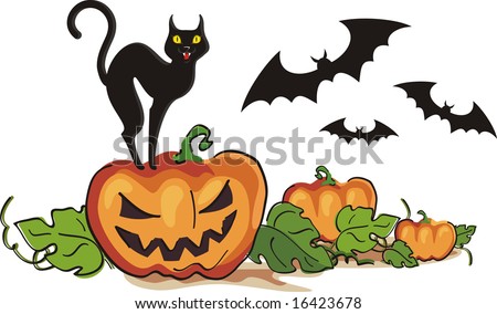 halloween pumpkin with bats and black cat