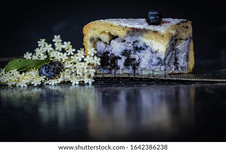Ricotta and blueberry pie decorated with flowers, blueberries and leaves, with a black background