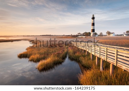 North Carolina Outer Banks Bodie Island Lighthouse Autumn Morning Marsh Boardwalk Royalty-Free Stock Photo #164239175