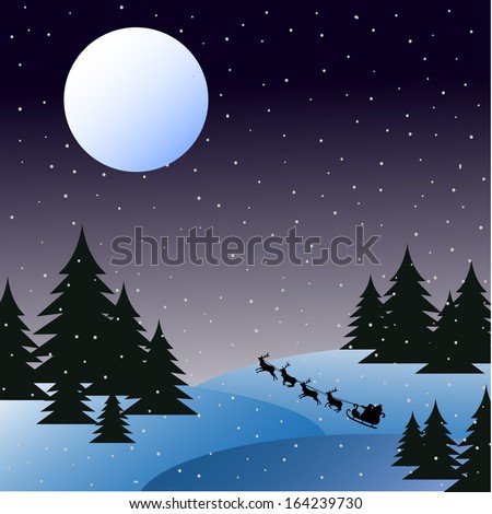 Christmas landscape with the moon. Santa Claus in a sleigh in flight. Stock