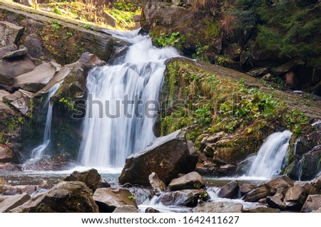 Scenic view on waterfall in the forest with rocks on foreground. Location place: Kamianka, Skole Beskids National Nature Park, Carpathian Mountains, Ukraine. Beautiful natural background.