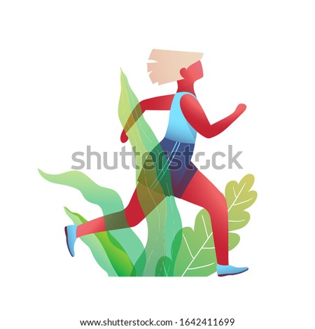 Pretty blond woman running fitness workout in nature with grass and leaves flat graphic design. Beautiful fit girl run in the nature, sporty and active woman body movement design. Vector graphics.