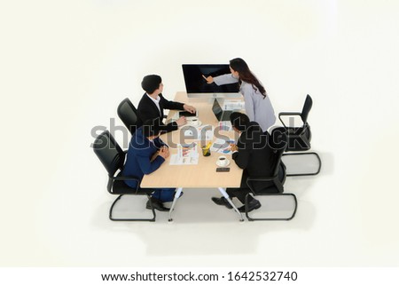 business background of group of businesspeople having meeting together in offfice, isolated on white background