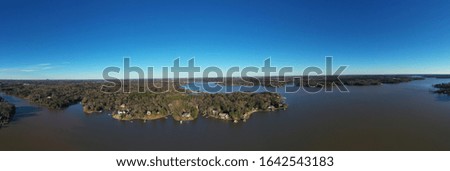 
Aerial Panoramic Landscape- Lake Shore Coastline - South Carolina - Clear  Blue Sky Horizon- High Altitude Water View