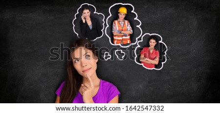 Career choice student thinking of choosing future job employement options banner panorama. Asian girl dreaming of different education paths at college degree.