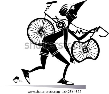 Tired cyclist with a broken bike isolated illustration. Tired cartoon cyclist man in helmet carries a broken bike on the shoulder black on white illustration
